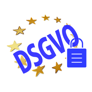 Grafik die den Schriftzug DSGVO mit einem Schloss am Buchstaben O trägt, eingerahmt von den goldenen Sternen, welche die europäischen Staaten darstellen