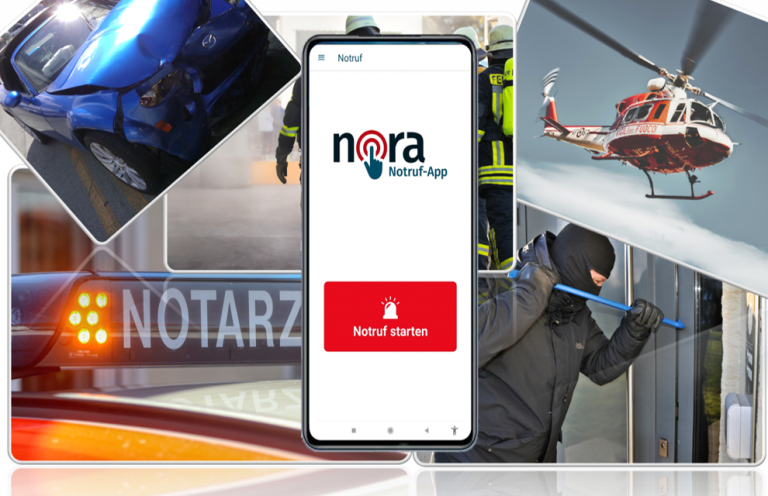 Startbildschirm der Nora-App und Unfallbilder