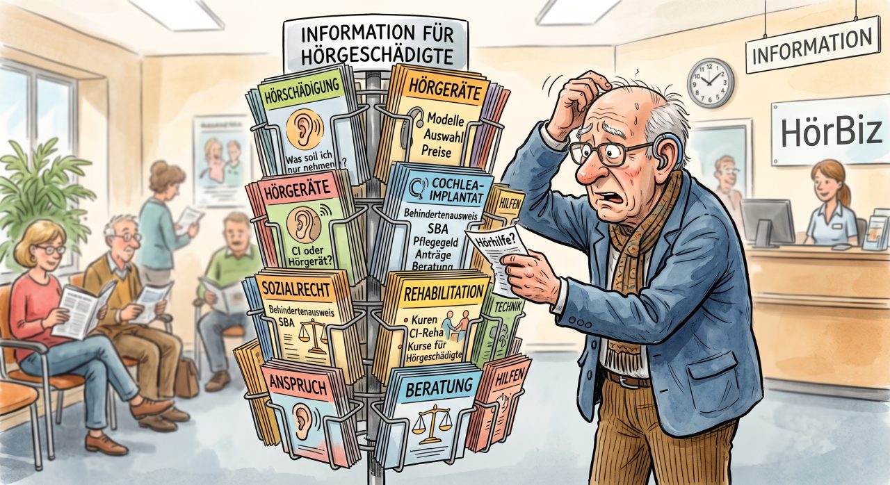 Karikatur, die einen hörgeschädigten Menschen vor einem vollen Ständer mit Info-Broschüren zeigt. Sichtbar überfordert von der Masse an Infos.